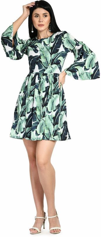 Women Pleated White, Green, Dark Green Dress
