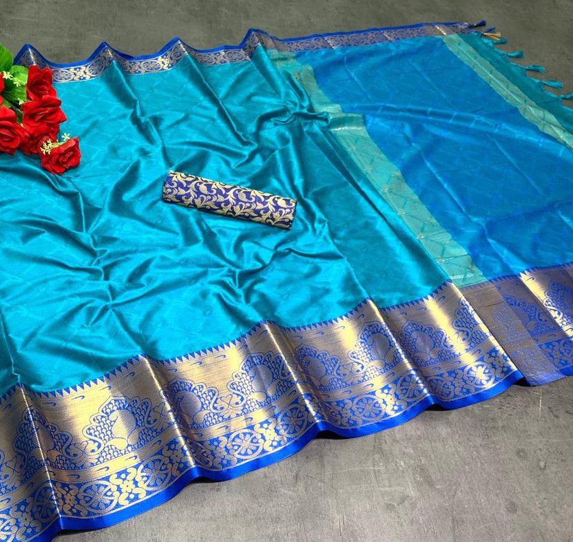 Woven Daily Wear Jacquard, Cotton Silk Saree  (Blue)