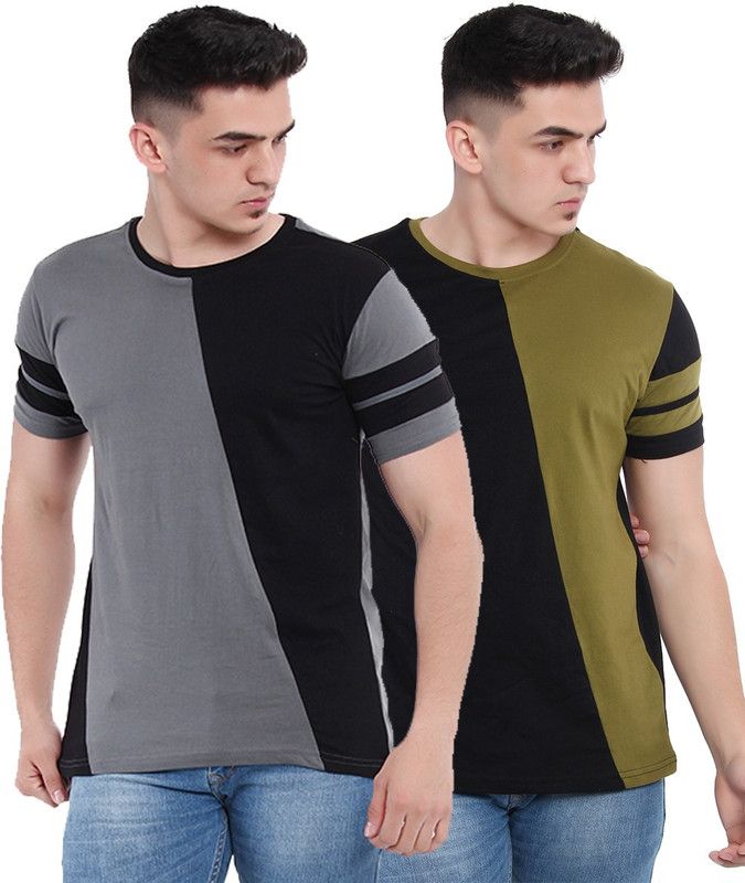 Pack of 2 Men Color Block Round Neck Pure Cotton Green, Grey T-Shirt