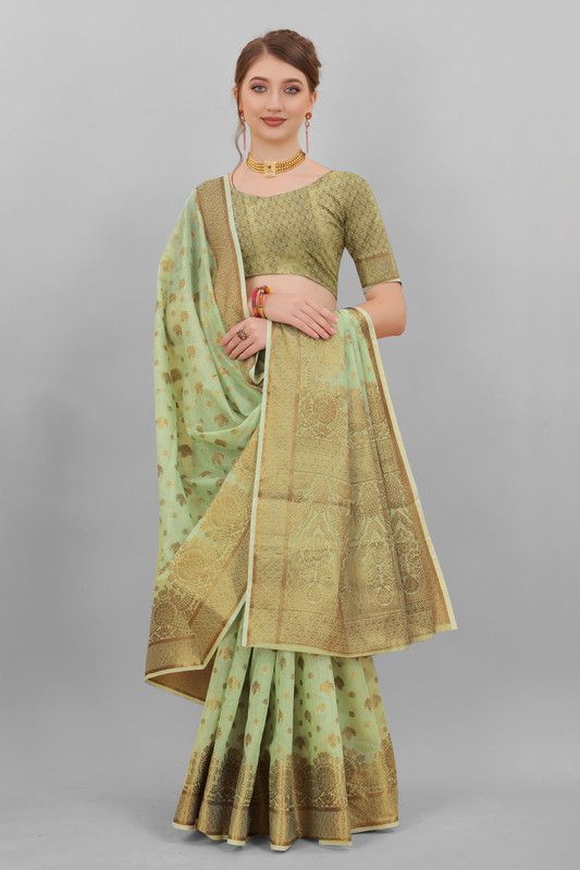 Woven Banarasi Jacquard, Cotton Silk Saree  (Light Green)