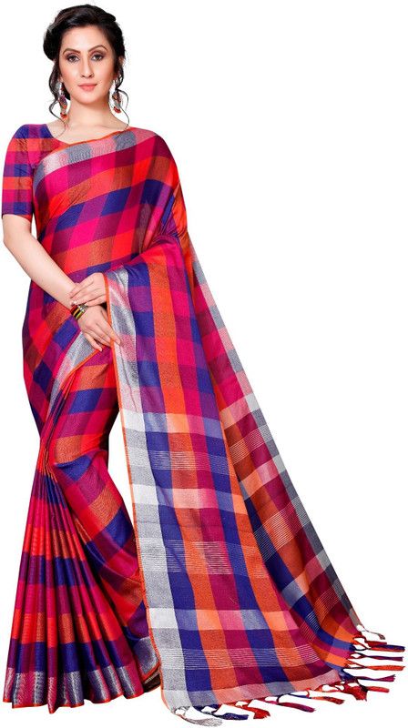 Checkered Chettinadu Cotton Silk Saree  (Pink)