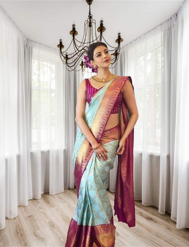 Woven Banarasi Jacquard, Art Silk Saree  (Blue)