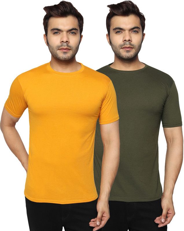 Solid Men Yellow, Dark Green T-Shirt  (Pack of 2)