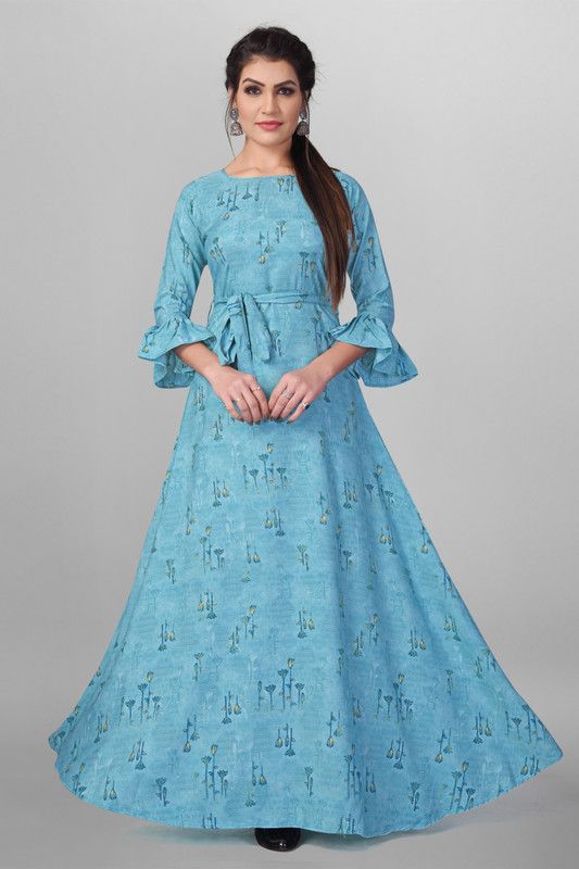 Crepe Stitched Anarkali Gown  (Light Blue)