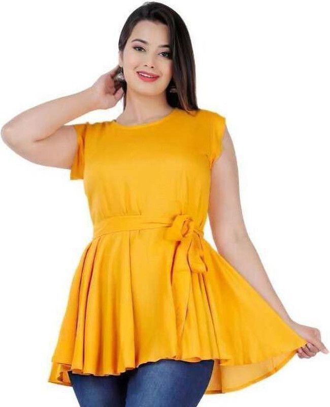 Casual Cap Sleeves Solid Women Yellow Top