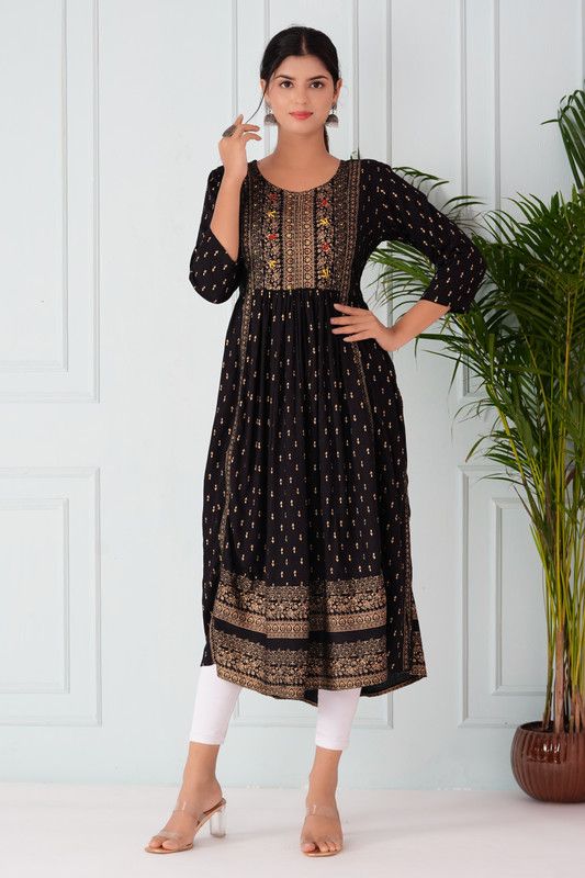 Women Printed Viscose Rayon Ethnic Dress  (Black)