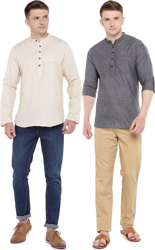 Pack of 2 Men Self Design Jacquard, Pure Cotton Straight Kurta  (White, Beige, Grey)