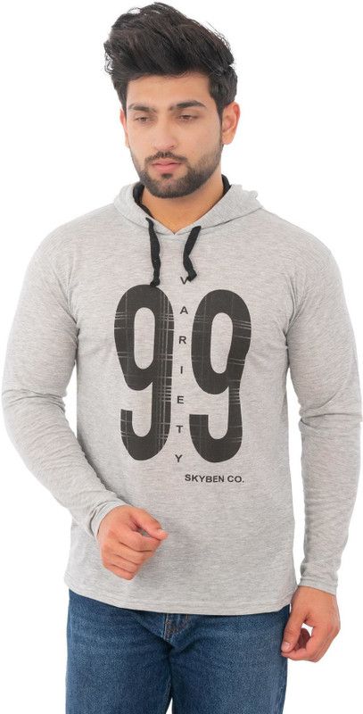 Men Printed Hooded Neck Cotton Blend Grey T-Shirt