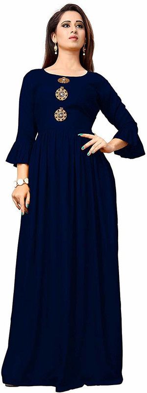 Solid Rayon Blend Semi Stitched Anarkali Gown  (Dark Blue)