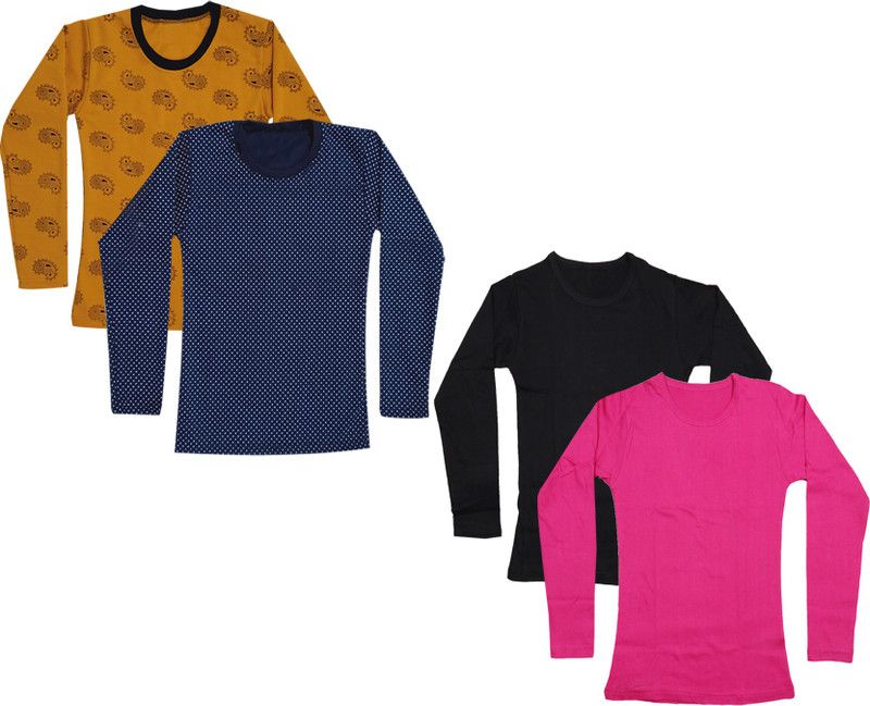 Girls Self Design Cotton Blend T Shirt  (Multicolor, Pack of 4)
