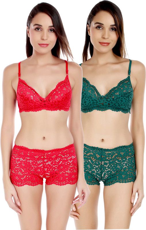 Bra & Panty Set Self Design Red, Green Lingerie Set