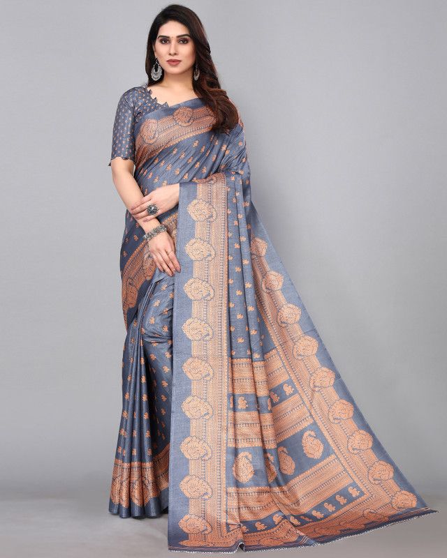 Printed Mysore Pure Silk Saree  (Grey)