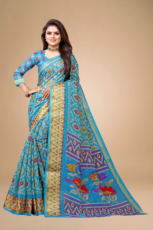 Floral Print Bandhani Cotton Blend Saree  (Light Blue)