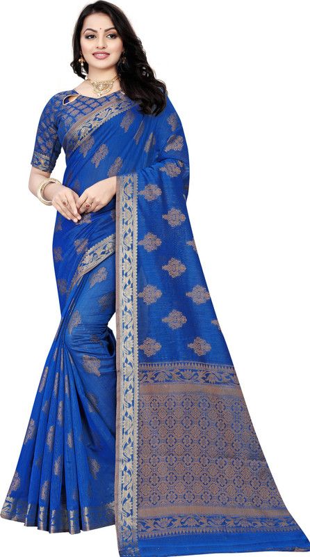 Woven Chanderi Cotton Silk Saree  (Dark Blue)