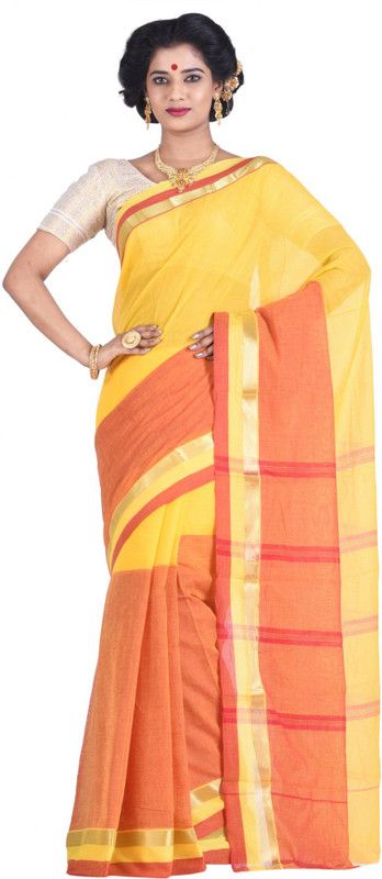 Woven Tant Cotton Blend Saree  (Red, Yellow)