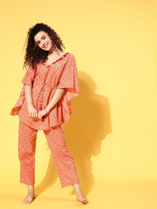 Women Top & Pyjama Set Pink Printed