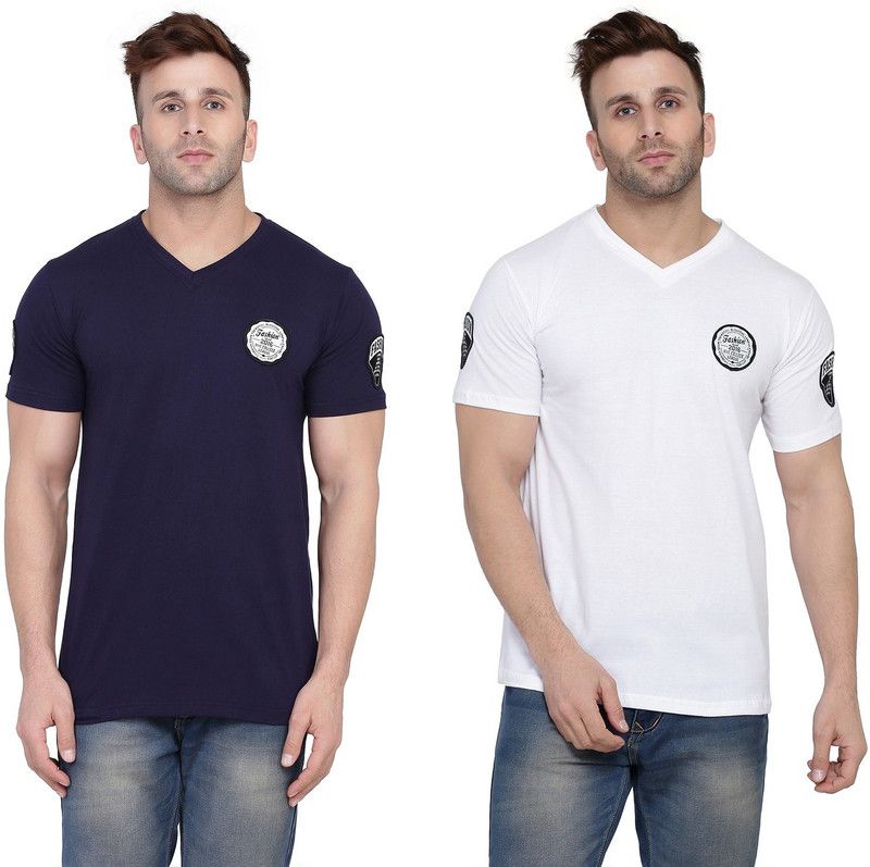 Pack of 2 Faizaan Men Solid V Neck Cotton Blend Dark Blue, White T-Shirt