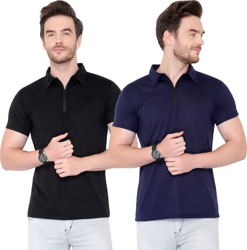 Pack of 2 Men Solid Polo Neck Cotton Blend Dark Blue, Black T-Shirt