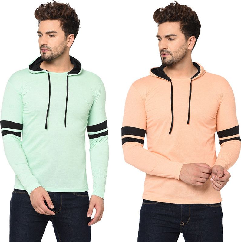 Pack of 2 Men Colorblock Hooded Neck Cotton Blend Pink, Light Green T-Shirt