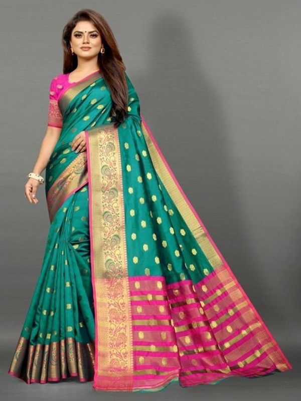 Woven Banarasi Pure Silk, Cotton Silk Saree  (Green)