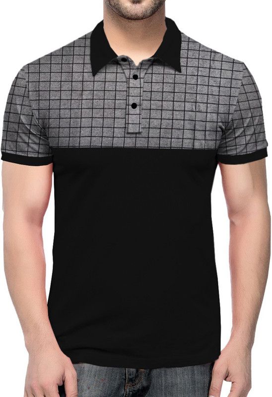 Men Checkered Polo Neck Cotton Blend Black, Grey T-Shirt