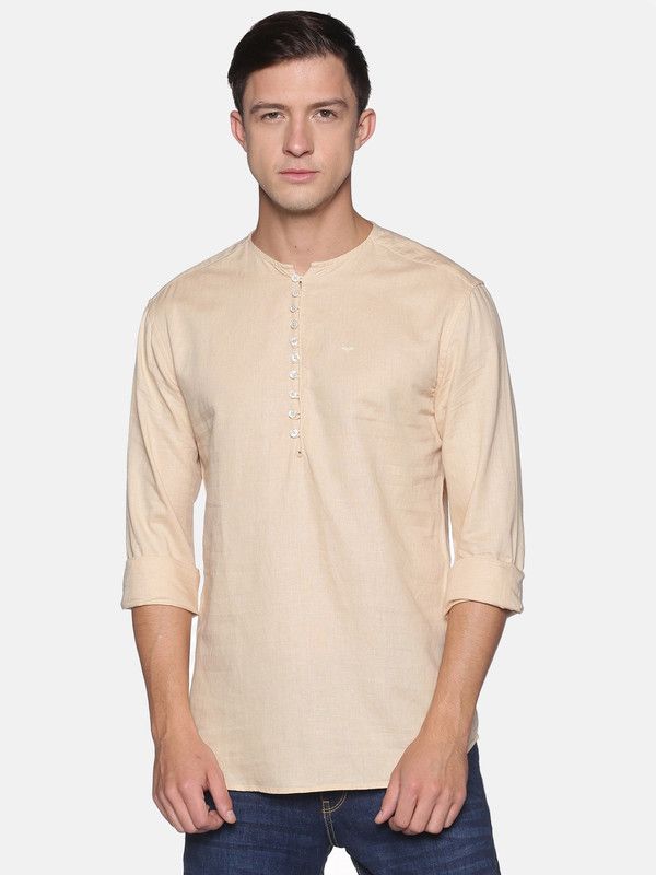 Men Solid Linen Blend Straight Kurta  (Beige)