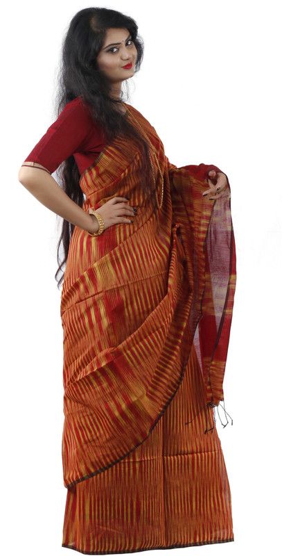 Self Design, Striped, Woven Bollywood Handloom Cotton Blend Saree  (Red, Yellow)