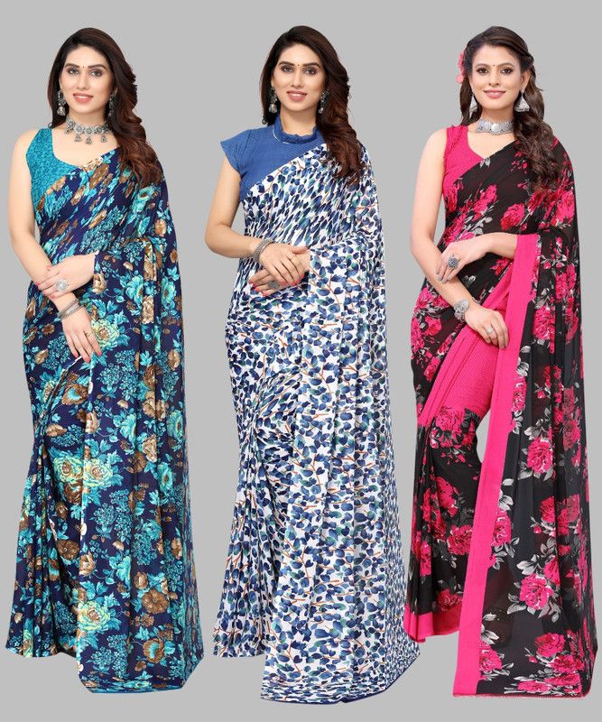 Daily Wear Georgette Saree  (Pack of 3, Blue, White, Pink)