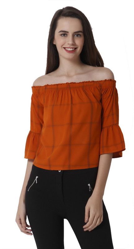 Casual Bell Sleeves Checkered Women Orange Top
