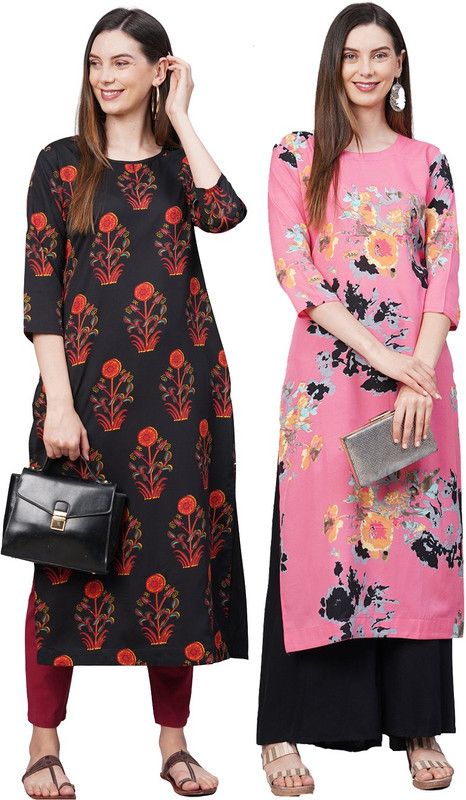 Pack of 2 Women Floral Print Crepe Straight Kurta  (Black, Pink)
