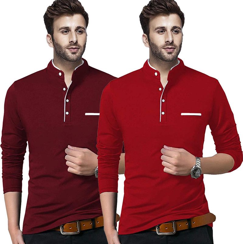 Pack of 2 Men Solid Mandarin Collar Cotton Blend Red, Maroon T-Shirt