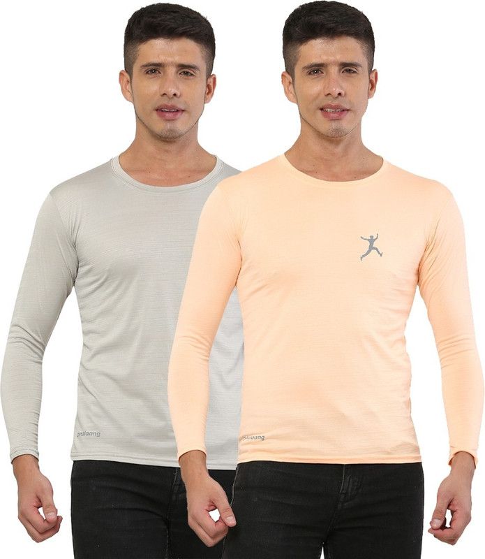 Pack of 2 Men Solid Round Neck Elastane Pink, Grey T-Shirt