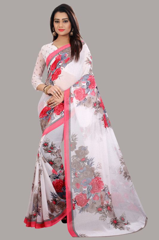 Printed Daily Wear Georgette Saree  (White, Pink)
