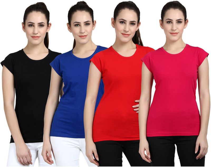 Pack of 4 Casual Cap Sleeves Solid Women Multicolor Top