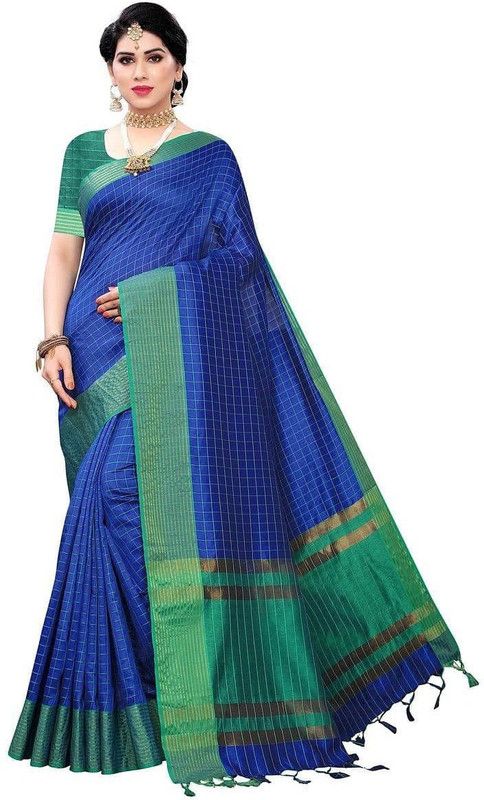Checkered Banarasi Jacquard, Cotton Silk Saree  (Blue)