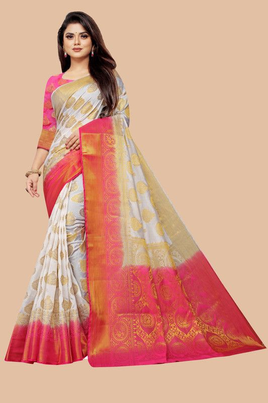 Woven Banarasi Nylon, Art Silk Saree  (White)