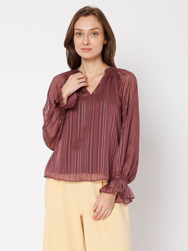 Casual Bishop Sleeve Striped Women Purple Top