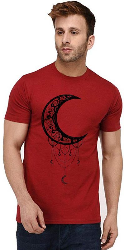Moon Dream Men Printed Round Neck Pure Cotton Maroon T-Shirt