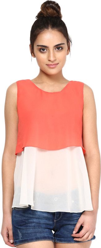 Formal Sleeveless Solid Women White, Orange Top