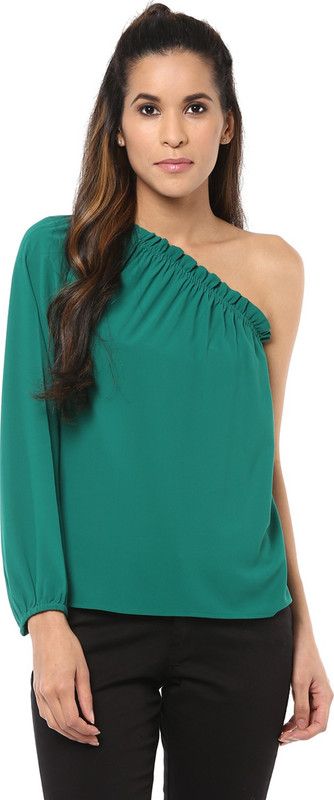 Casual Bishop Sleeve Solid Women Green Top