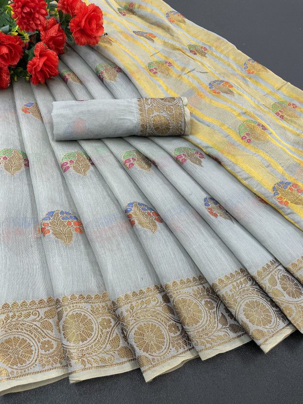 Woven Banarasi Jacquard, Cotton Silk Saree  (Grey)