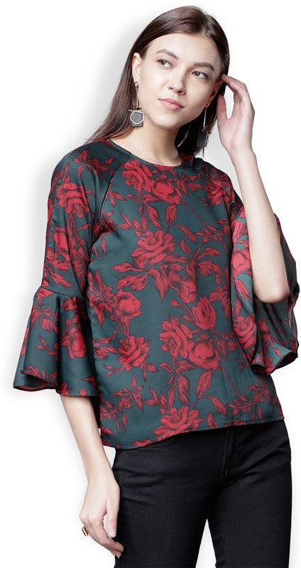 Casual Bell Sleeves Floral Print Women Blue, Maroon Top