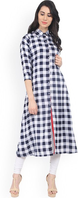 Women Checkered Pure Cotton Straight Kurta  (Black)