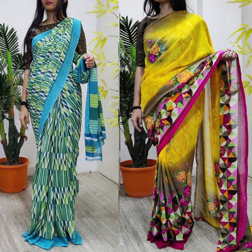 Printed Daily Wear Georgette Saree  (Light Blue, Yellow)