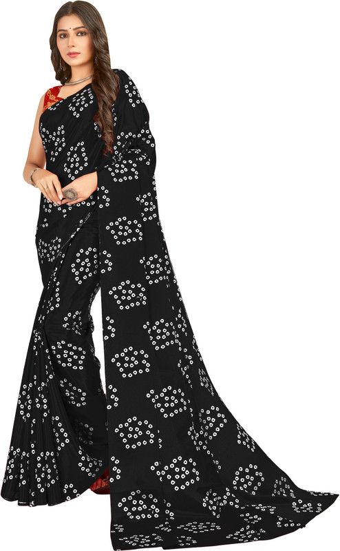 Bandhani Silk Blend Saree  (Black, White)