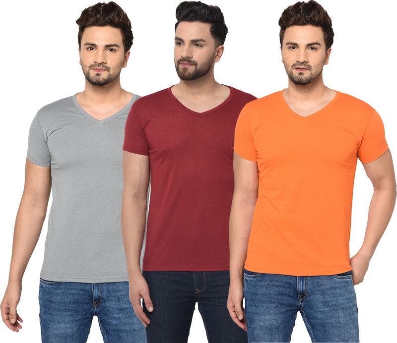 Pack of 3 V neck Combo T-shirts Multicolor Men Solid V Neck Cotton Blend Maroon, Orange, Grey T-Shirt
