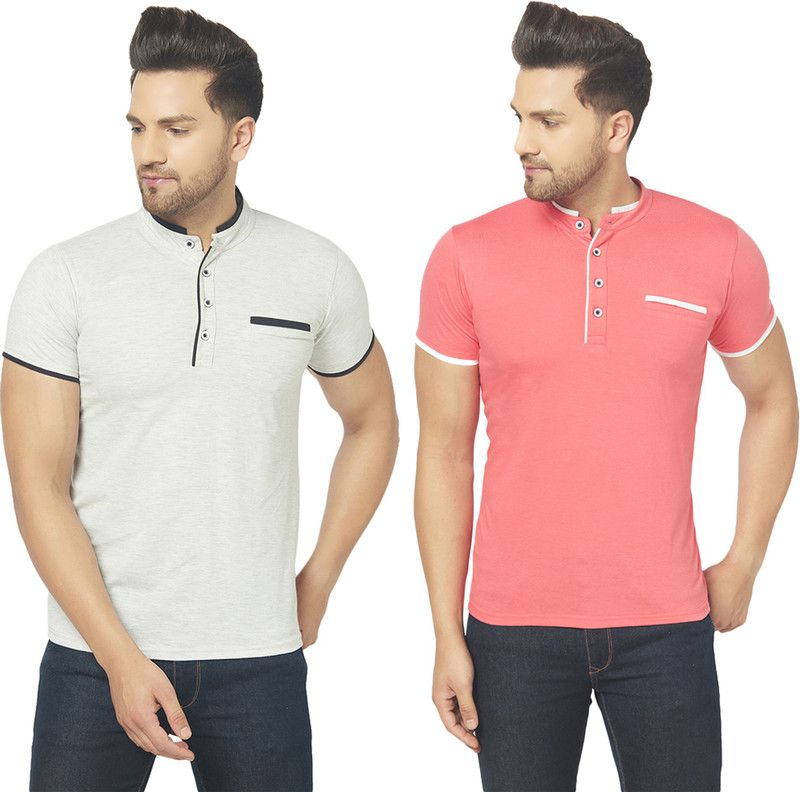 Pack of 2 Men Solid Henley Neck Cotton Blend White T-Shirt