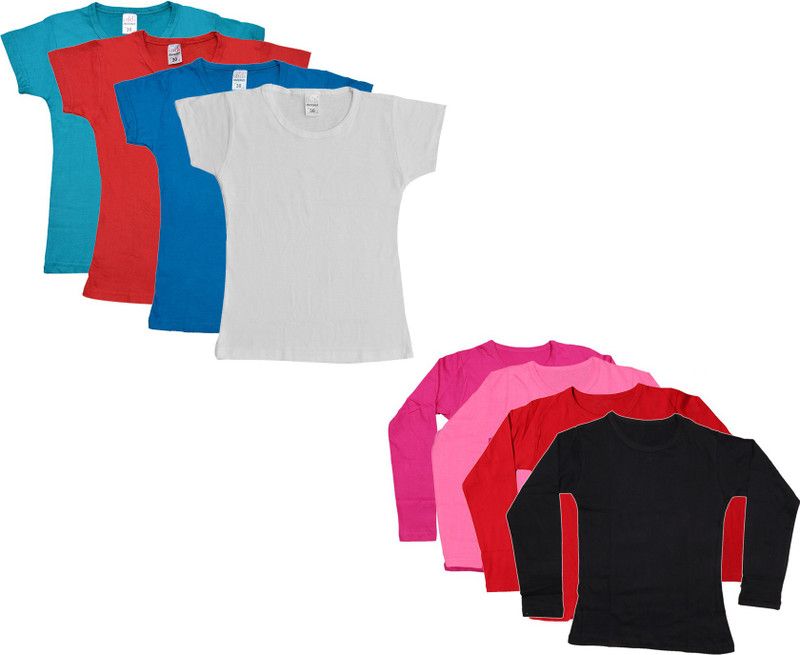 Girls Solid Cotton Blend T Shirt  (Multicolor, Pack of 8)
