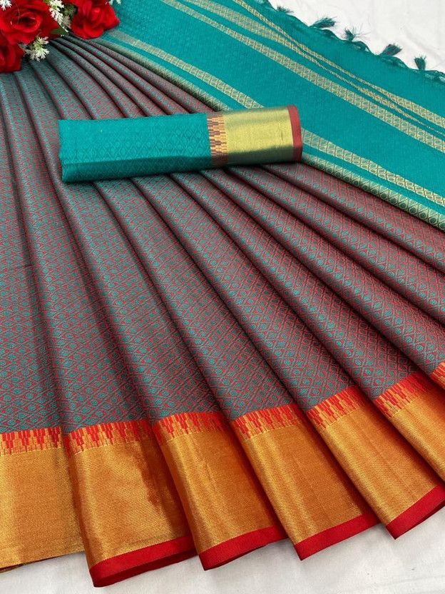 Self Design, Temple Border, Striped, Embellished, Woven, Solid/Plain Bollywood Silk Blend, Cotton Silk Saree  (Multicolor)