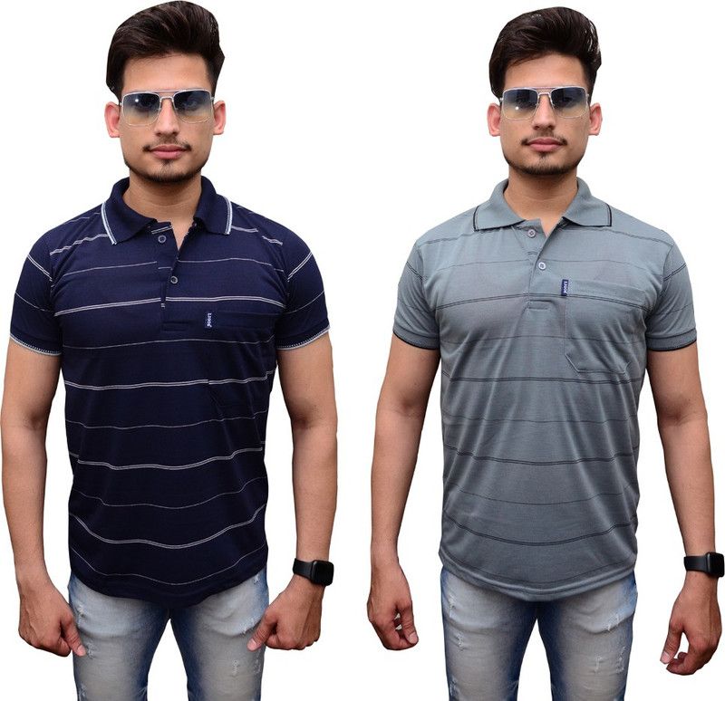 Striped Men Dark Blue, Grey T-Shirt  (Pack of 2)
